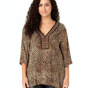 EVoLUTION  Women's Leopard-Print Blouse 3X Brown Tan Black Gold Boho Lightweight